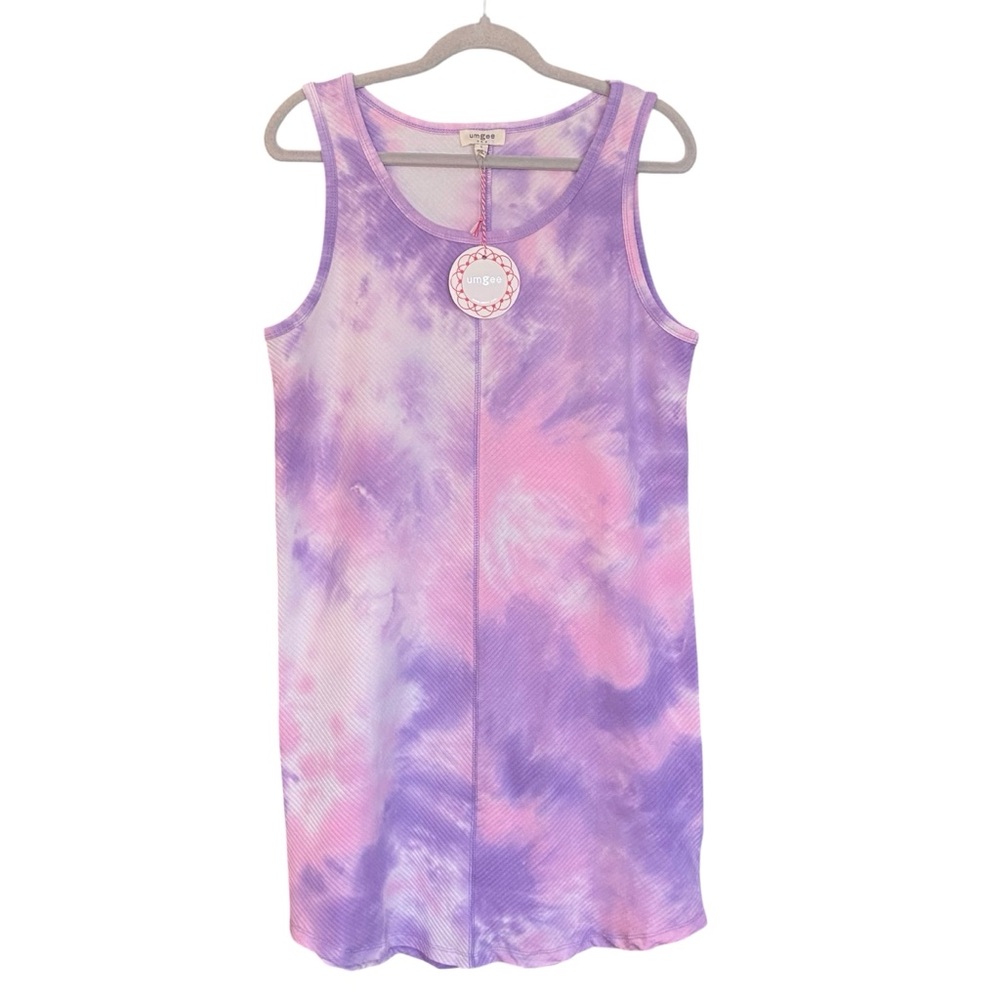 Umgee Purple and Pink Tie Dye Ribbed Sleeveless Tank Dress Womens Size Large NWT